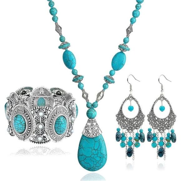 3 Pieces Bohemian Turquoise Women Necklace, Earrings Bracelet Jewelry Set - Picture 1 of 6